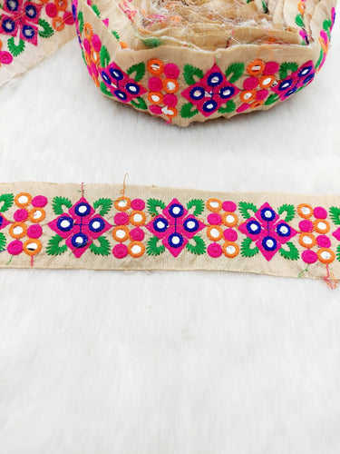 Beige Art Silk Fabric Trim With Pink and Blue Floral Embroidery, Foil Mirror Embroider Trimming, Trim By The Yard
